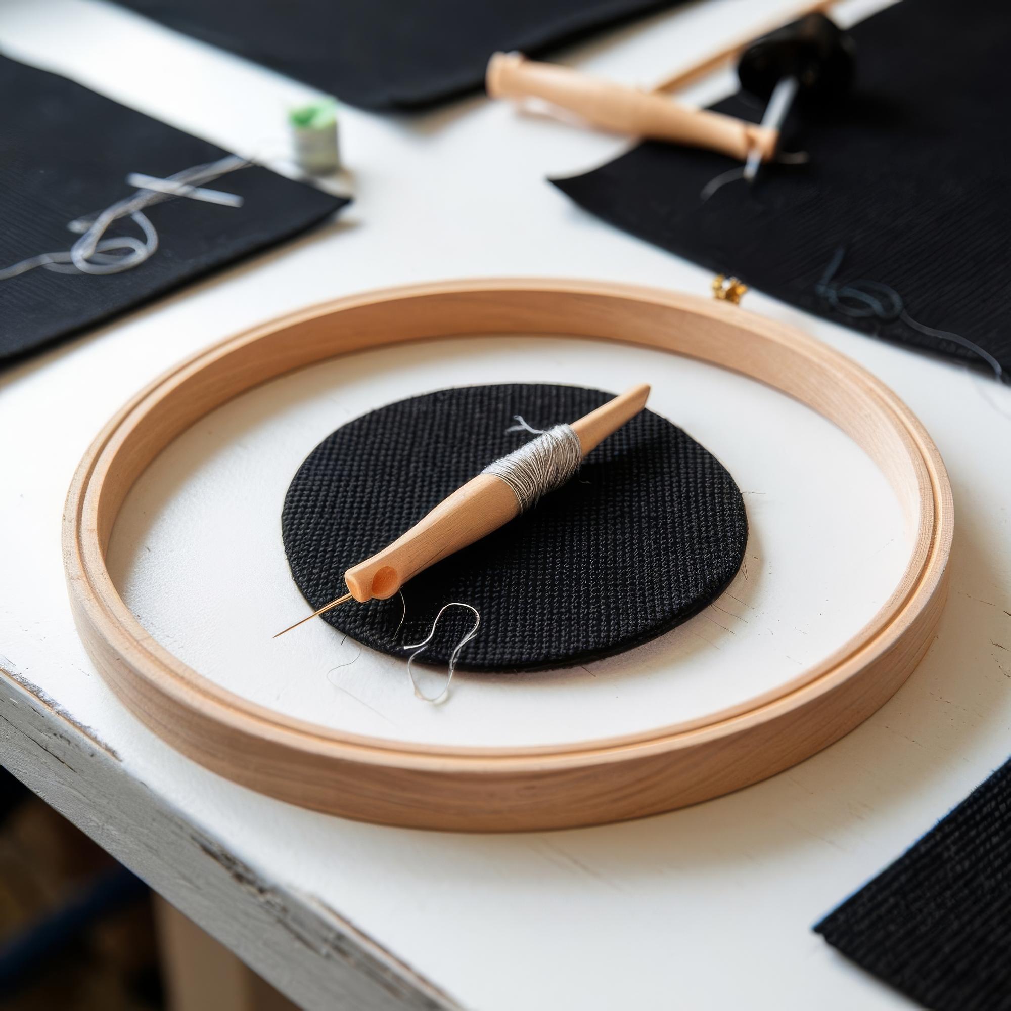 Atelier Tisch mit Stickrahmen und Garnsortiment